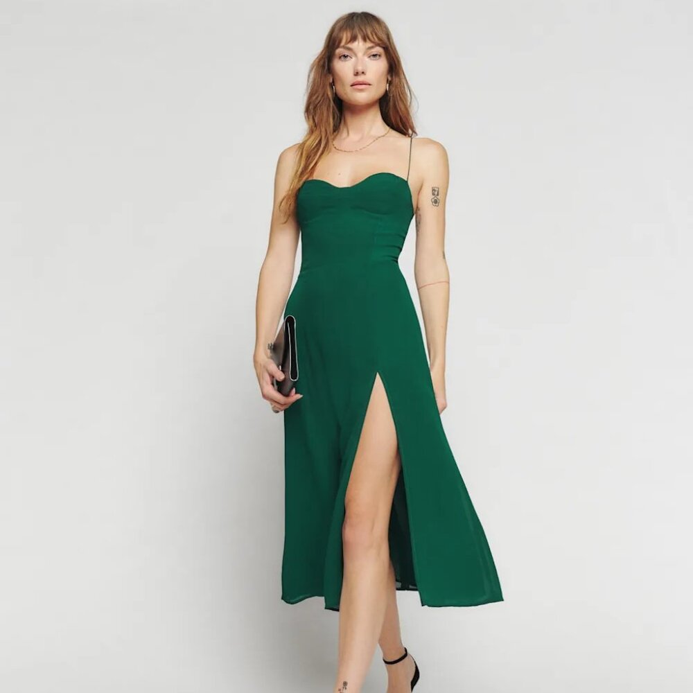 Reformation Juliette dress: crepe viscose in emerald green